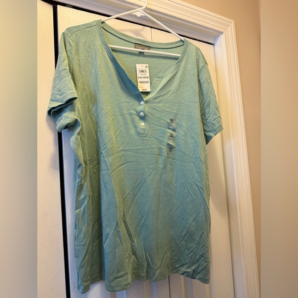 Style & Co Green Short Sleeve Henley Top